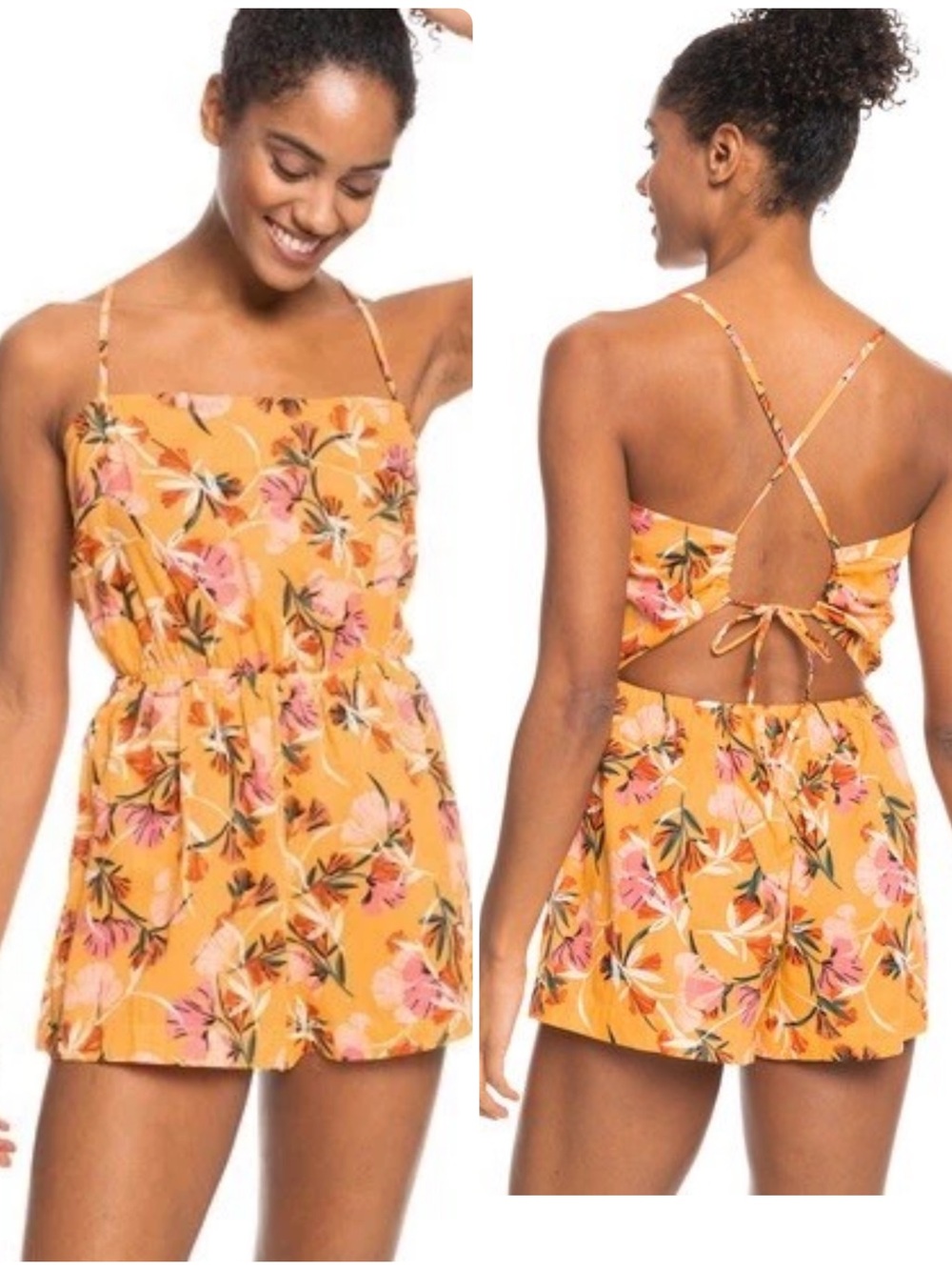 Roxy On Way Love Romper Hibiscus Seaside Tropical Vacation Yellow Sz XL